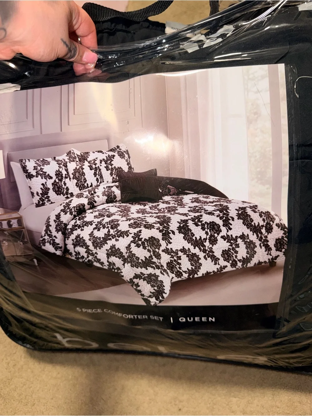 5-Piece Bebe Queen Comforter Set - Black and White Damask